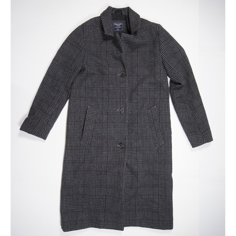 Abercrombie & Fitch Coat Womens XS Gray Plaid Long Wool Blend Overcoat Jacket